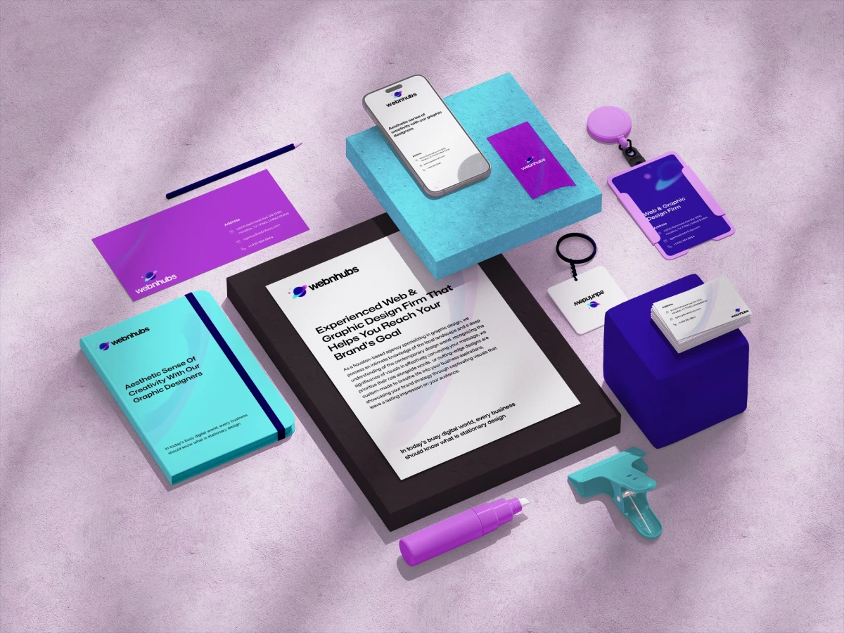 Branded stationery design mockup with office supplies